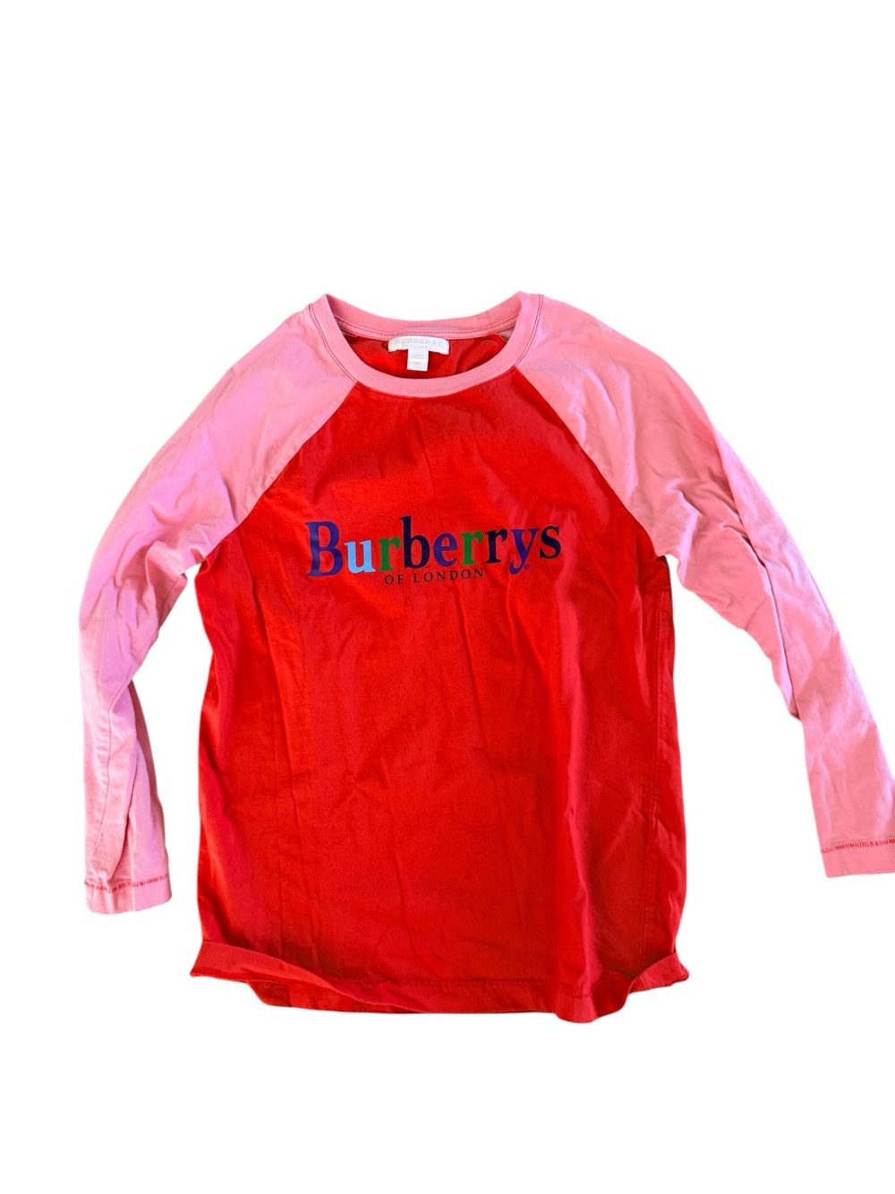 Burberry Kids Red Tee with Pink Raglan Sleeves and Multicolor Logo